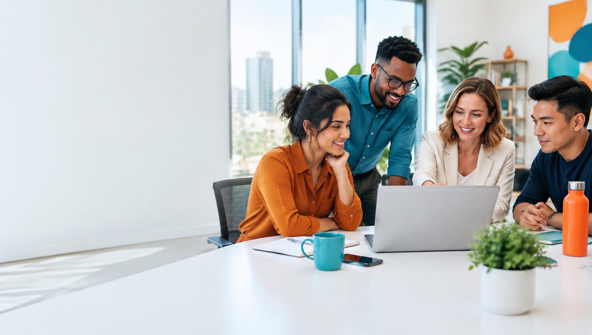 Sales team collaborating around a laptop
